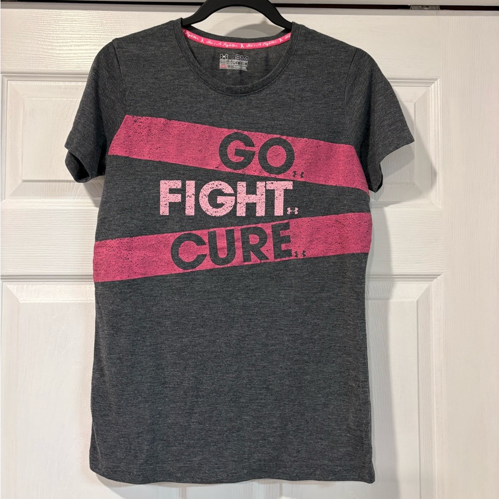 Under Armour Gray Tee with Breast Cancer Awareness Pink Ribbon Accent